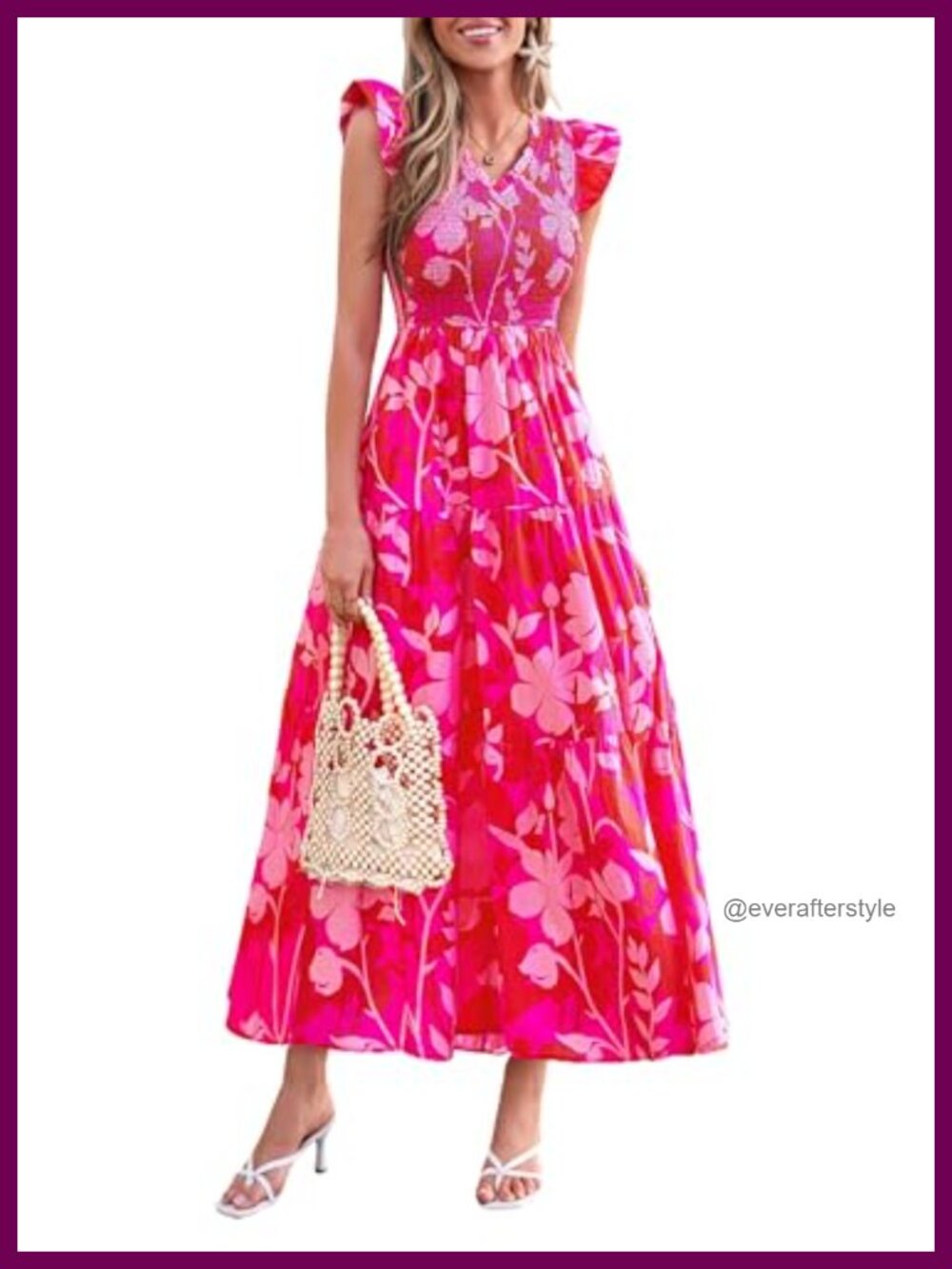 Smocked Boho Floral Maxi Dress V-Neck Sleeveless Ruffle A-Line